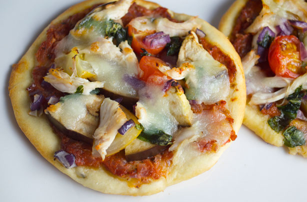 Aubergine, red onion and roast chicken mini pizzas