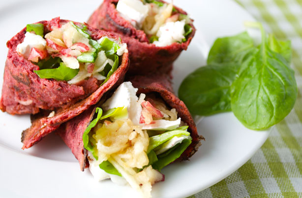 Beetroot and buckwheat wrap with goat's cheese and apple Beetroot and buckwheat wrap with goat's cheese and apple