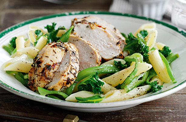 Garlic and thyme chicken with vegetable penne