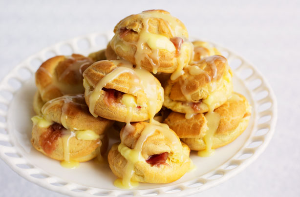 Rhubarb and custard profiterole stack