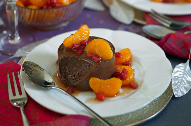 Mini chocolate marquise with pomegranate and clementine compote