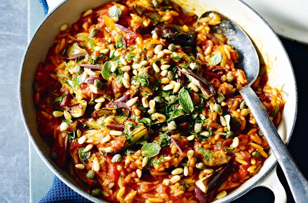 Slow-cooked aubergine caponata pasta