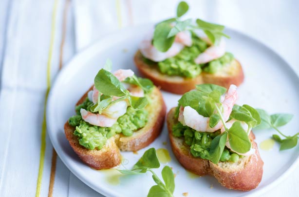 Pea and prawn crostini Pea and prawn crostini