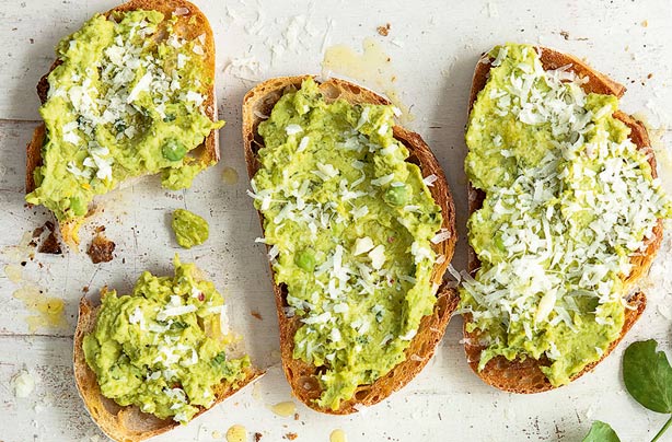 Crushed pea and bean toasts