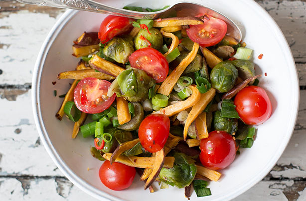 Brussel Sprout, Sweet Potato and Tomato Salad