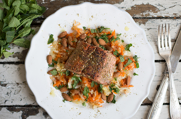 Za'atar salmon with Shaved Fennel, Carrot and Almond Salad