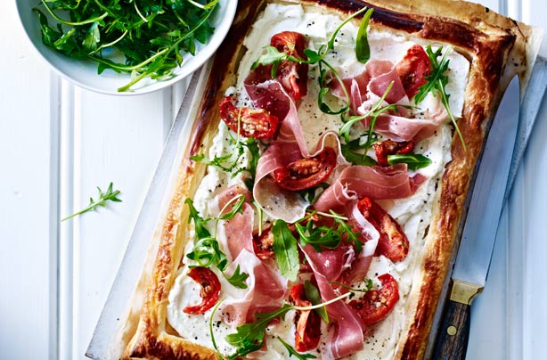 Cheese, tomato and ham deli tart