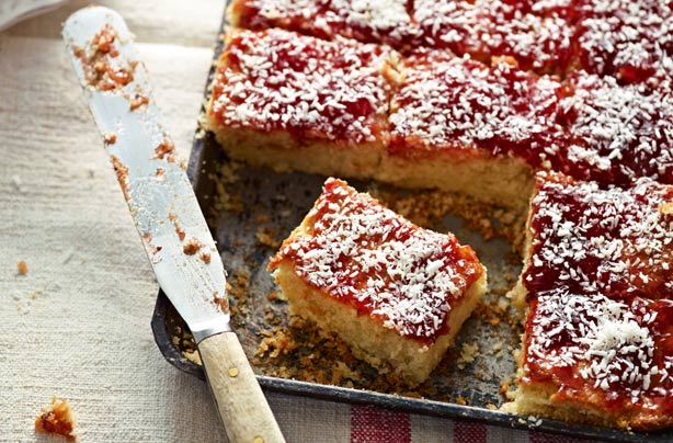 Jammy coconut squares Jammy coconut squares