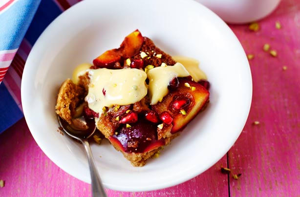 Sticky plum upside down tray bake
