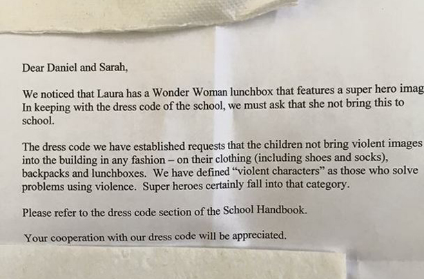 Lunchbox letter to parents from school about Wonder Woman lunchbox