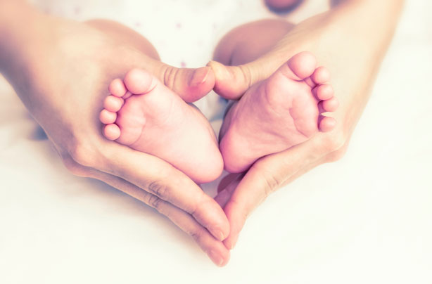 Baby feet in mother's hands