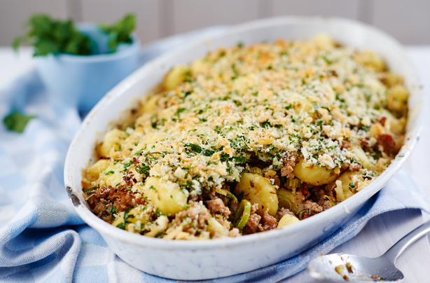 Baked sausage and gnocchi gratin