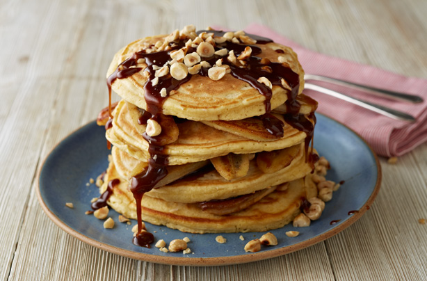 Caramelised banana pancake stack