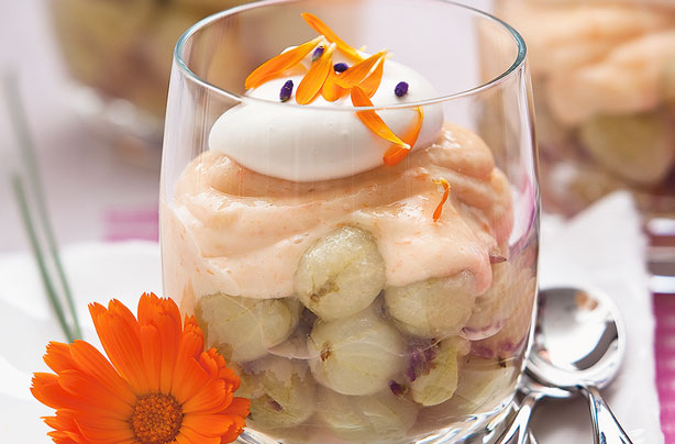 Gooseberries with lavender and marigold custard