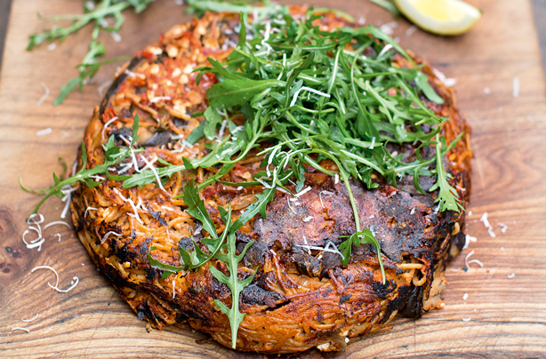 Jamie Oliver's spaghetti cake with sweet aubergine and tomato