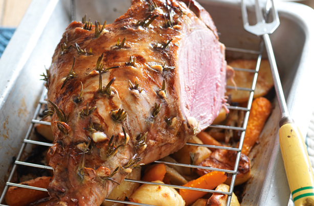 Braised leg of lamb with winter roots